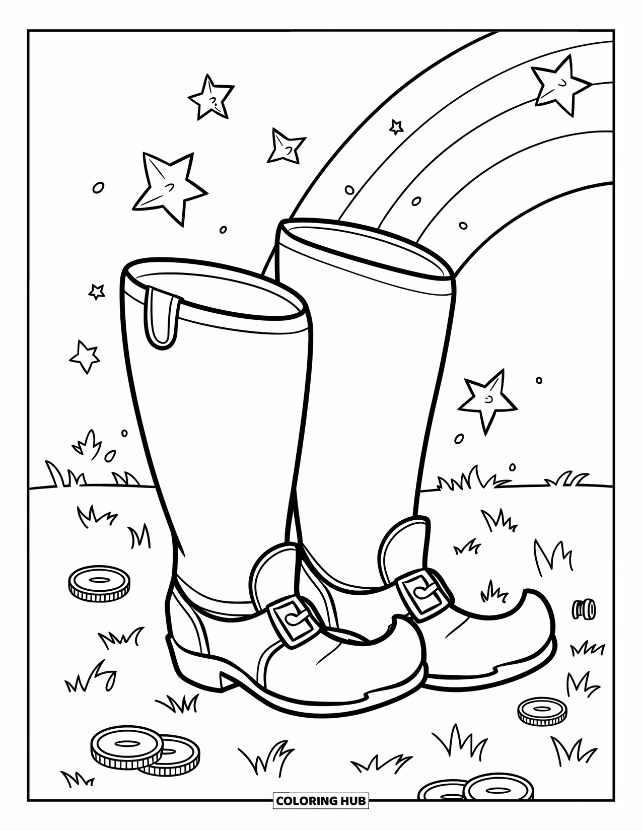 St. Patrick_S Day Coloring Page for Kids: A pair of boots with stars, coins, and a rainbow background