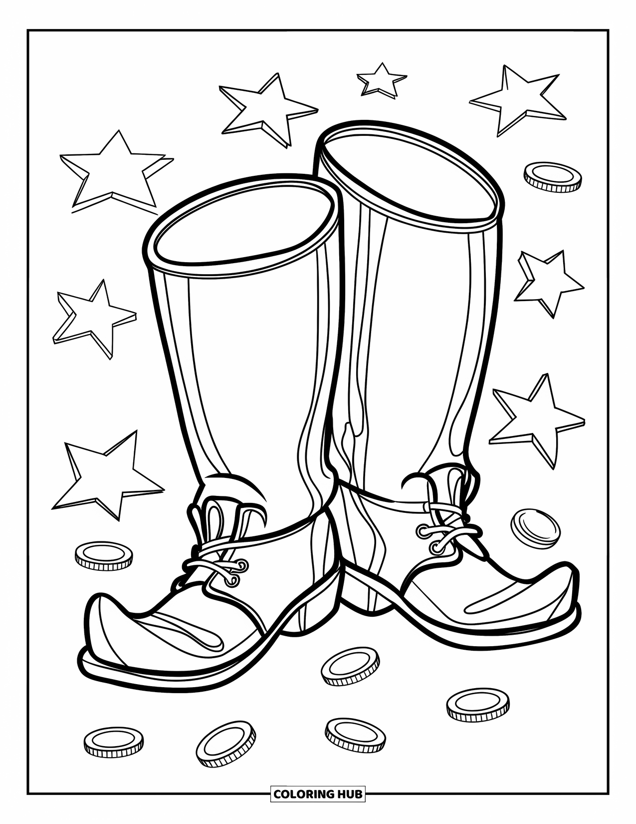 St. Patrick_S Day Coloring Page for Kids: A pair of leprechaun boots surrounded by stars and coins