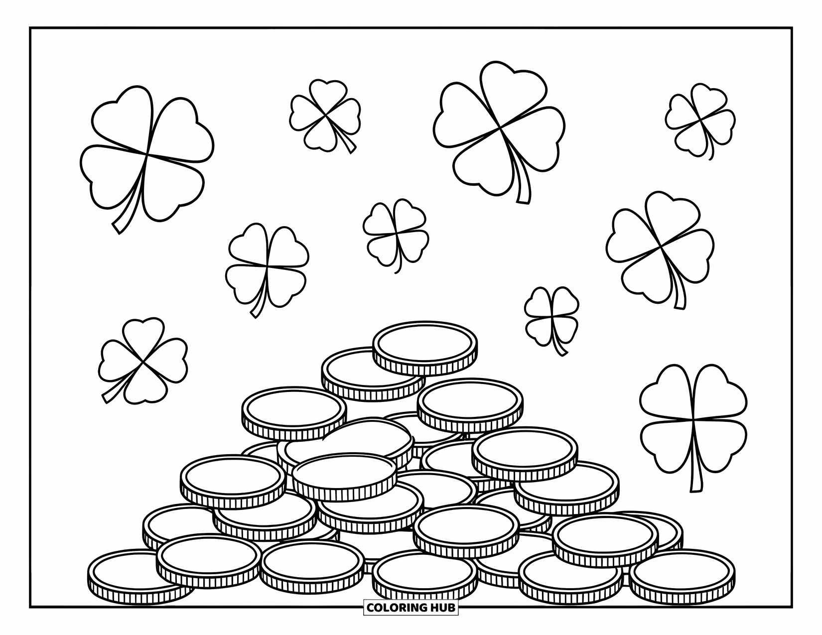 St. Patrick_S Day Coloring Page for Kids: A playful pile of coins with clovers scattered all around