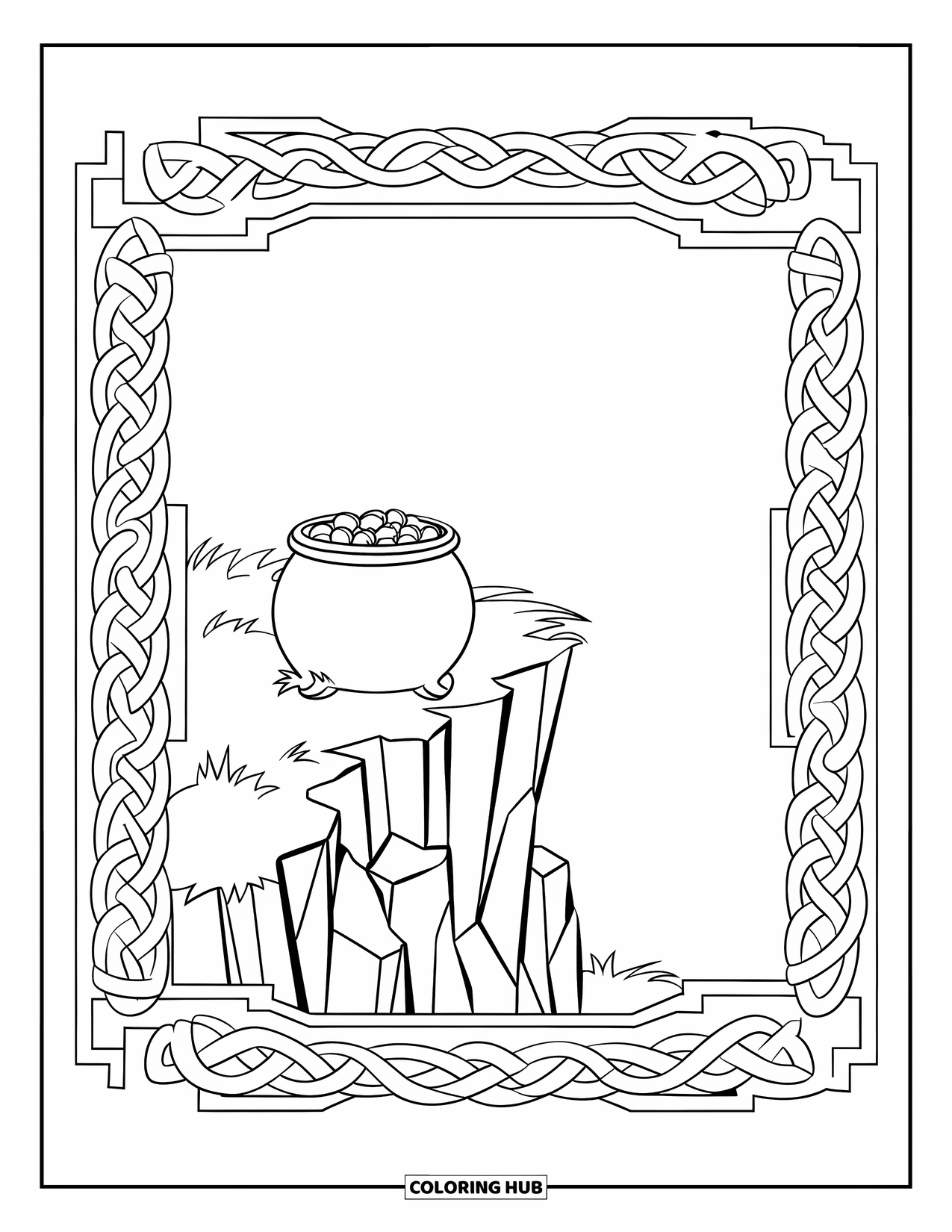 St. Patrick_S Day Coloring Page for Kids: A pot of gold on a cliff surrounded by Celtic borders