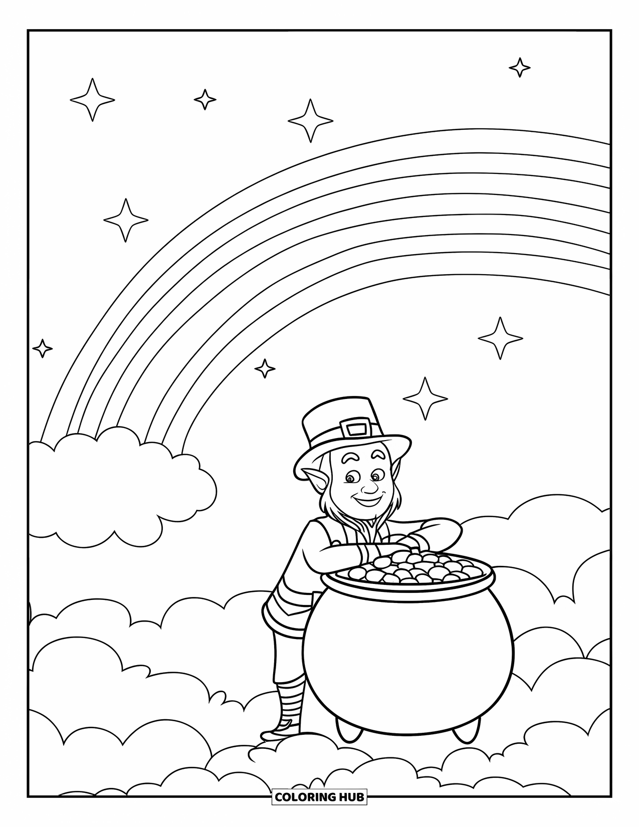 St. Patrick_S Day Coloring Page for Kids: A rainbow arching over a leprechaun guarding his pot of gold