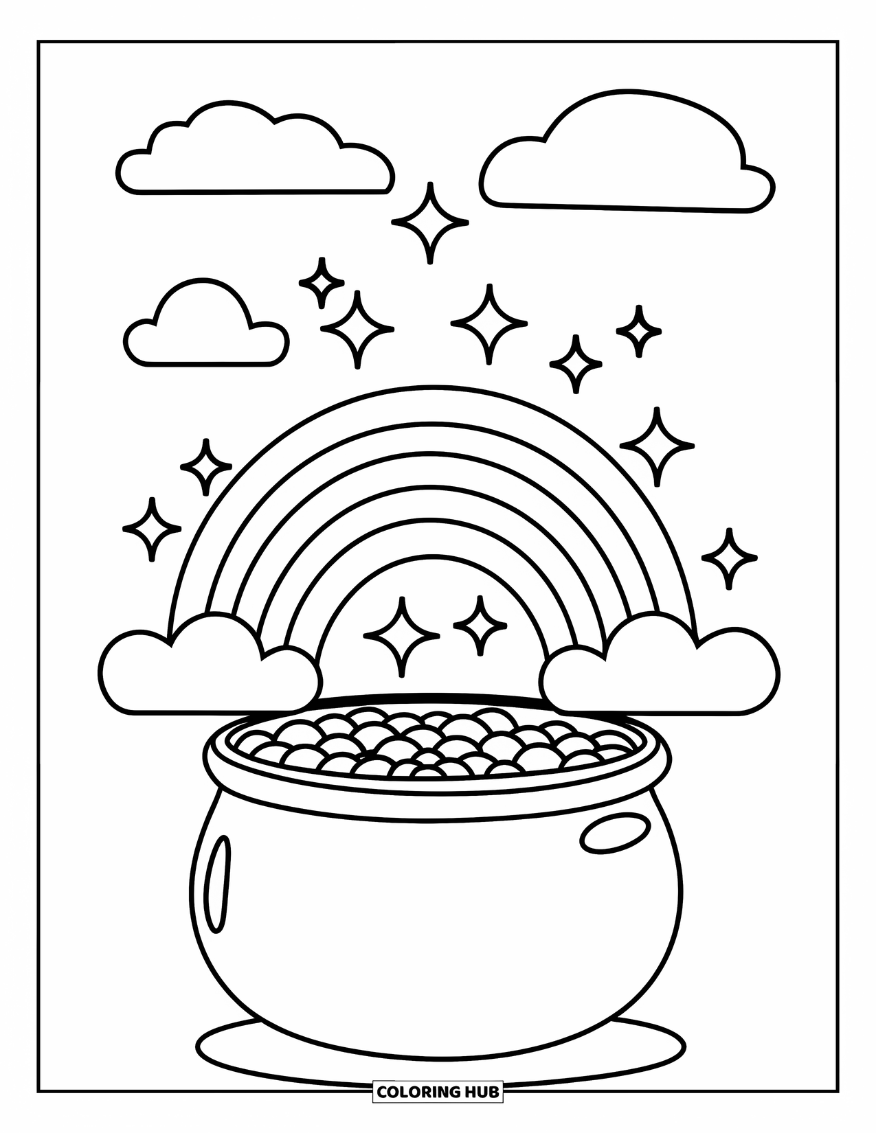 St. Patrick_S Day Coloring Page for Kids: A rainbow with clouds and sparkles ending in a pot of gold