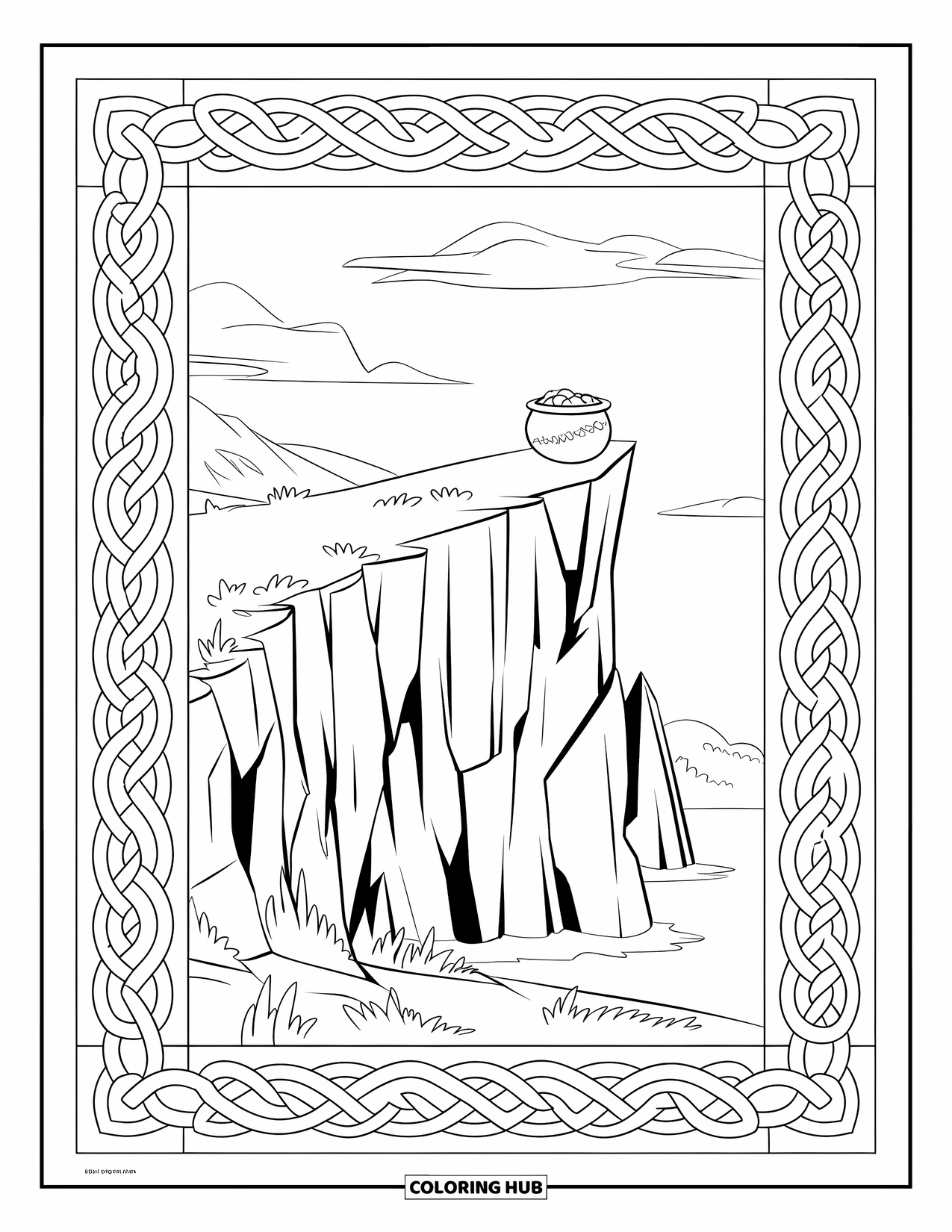 St. Patrick_S Day Coloring Page for Kids: A rocky cliff with a pot of gold framed by Celtic knots