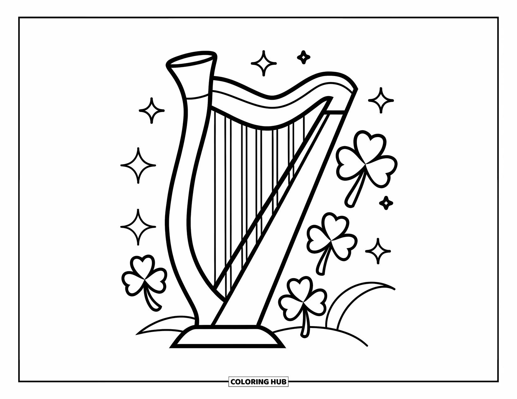 St. Patrick_S Day Coloring Page for Kids: A simple Irish harp surrounded by stars and shamrocks