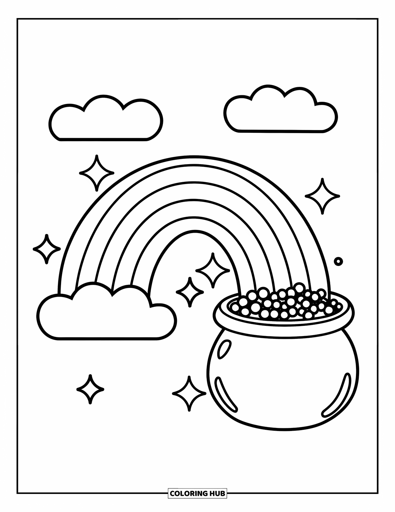 St. Patrick_S Day Coloring Page for Kids: A simple rainbow leading to a pot of gold under the clouds