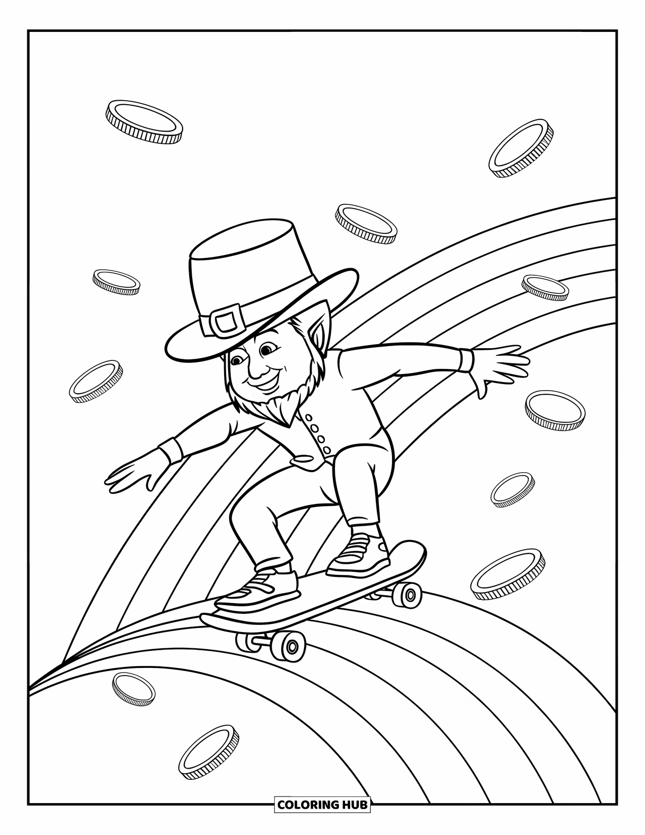 St. Patrick_S Day Coloring Page for Kids: A skating leprechaun racing down a rainbow trail
