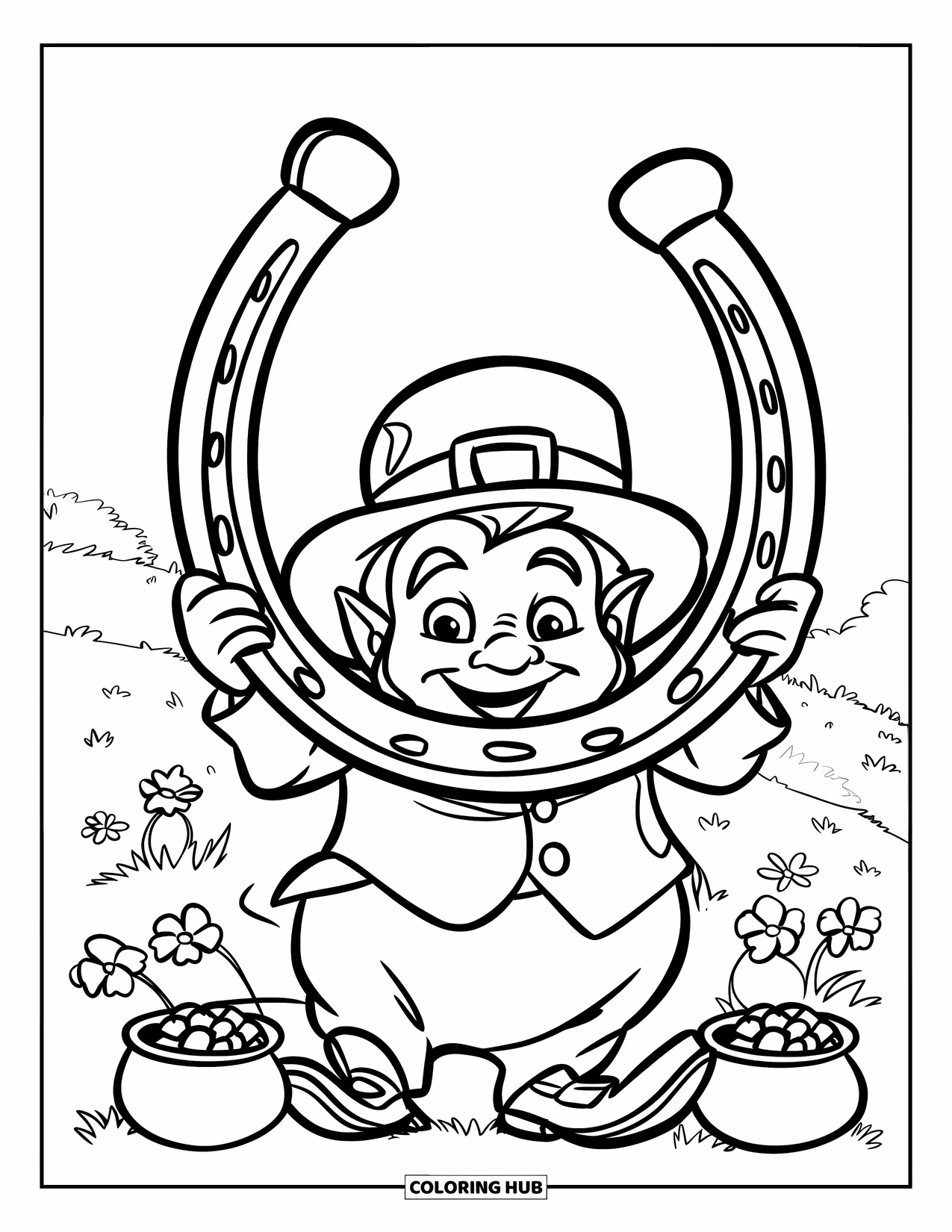 St. Patrick_S Day Coloring Page for Kids: A smiling leprechaun holding a giant horseshoe above his head