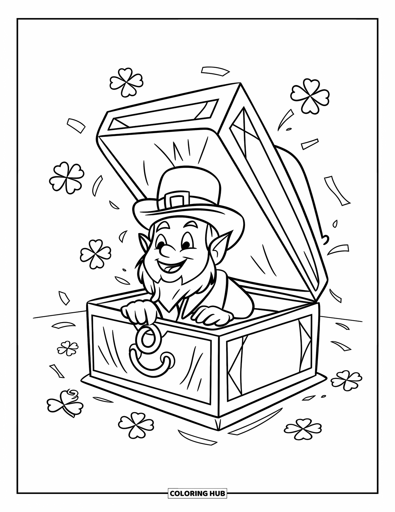 St. Patrick_S Day Coloring Page for Kids: A smiling leprechaun popping from a box with clover sprinkles