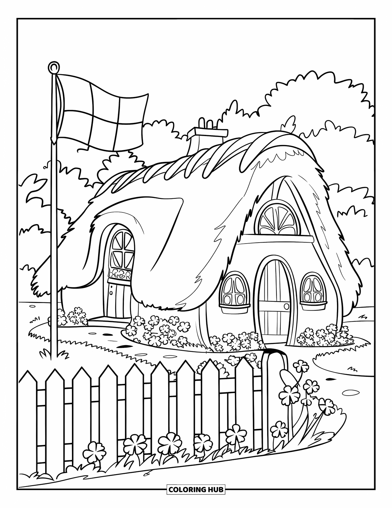 St. Patrick_S Day Coloring Page for Kids: A thatched cottage with clovers and a waving Irish flag