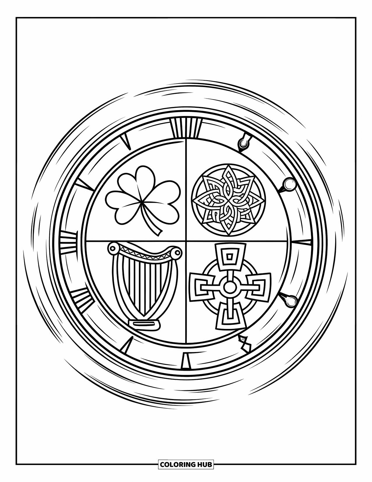St. Patrick_S Day Coloring Page for Kids: A time-travel portal blending modern and ancient Irish emblems
