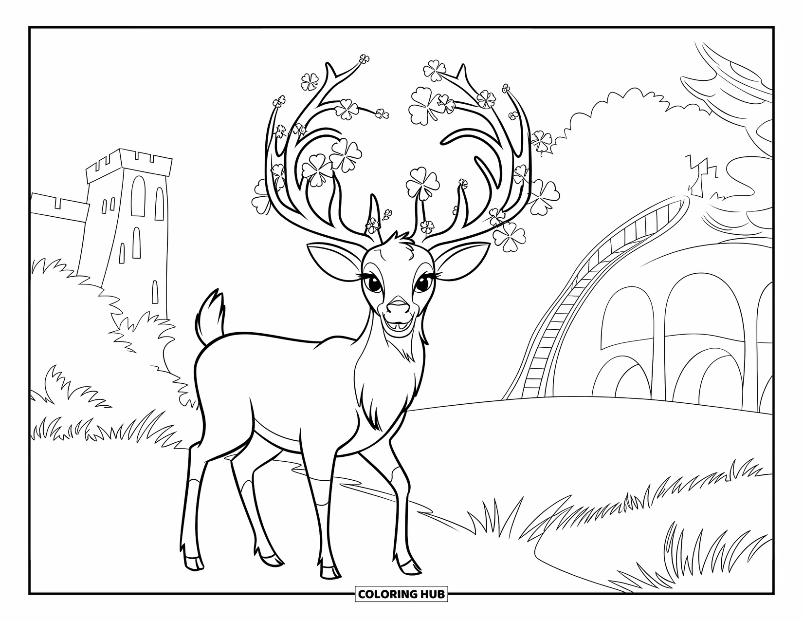 St. Patrick_S Day Coloring Page for Kids: An Irish deer with shamrock antlers standing in a grassy field