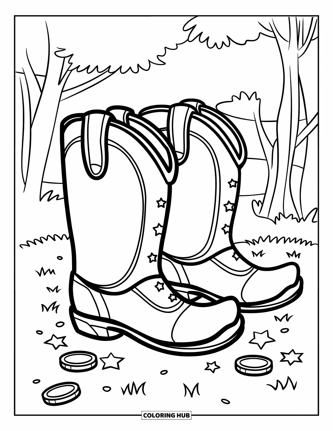 St. Patrick_S Day Coloring Page for Kids: Leprechaun boots on grass with stars and coins around them