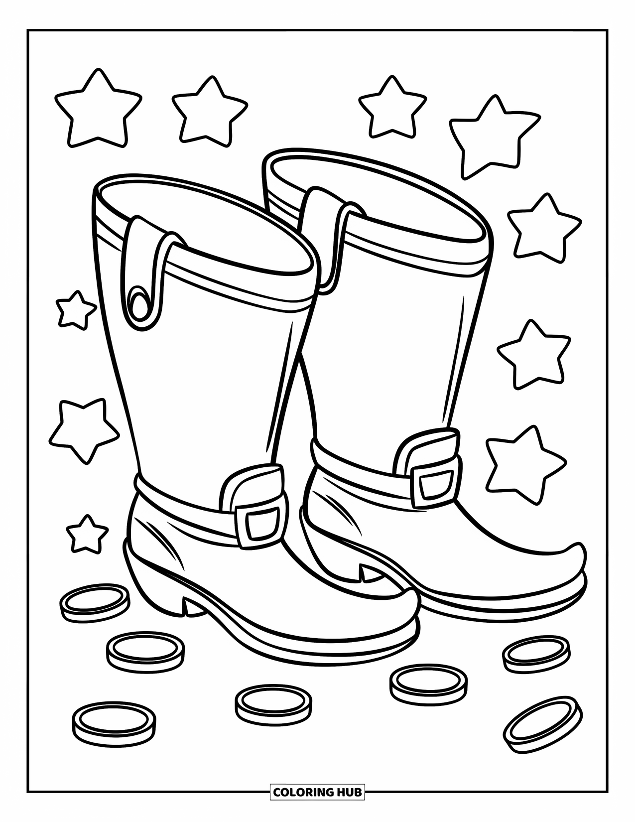 St. Patrick_S Day Coloring Page for Kids: Simple leprechaun boots with stars and coins drawn in bold lines