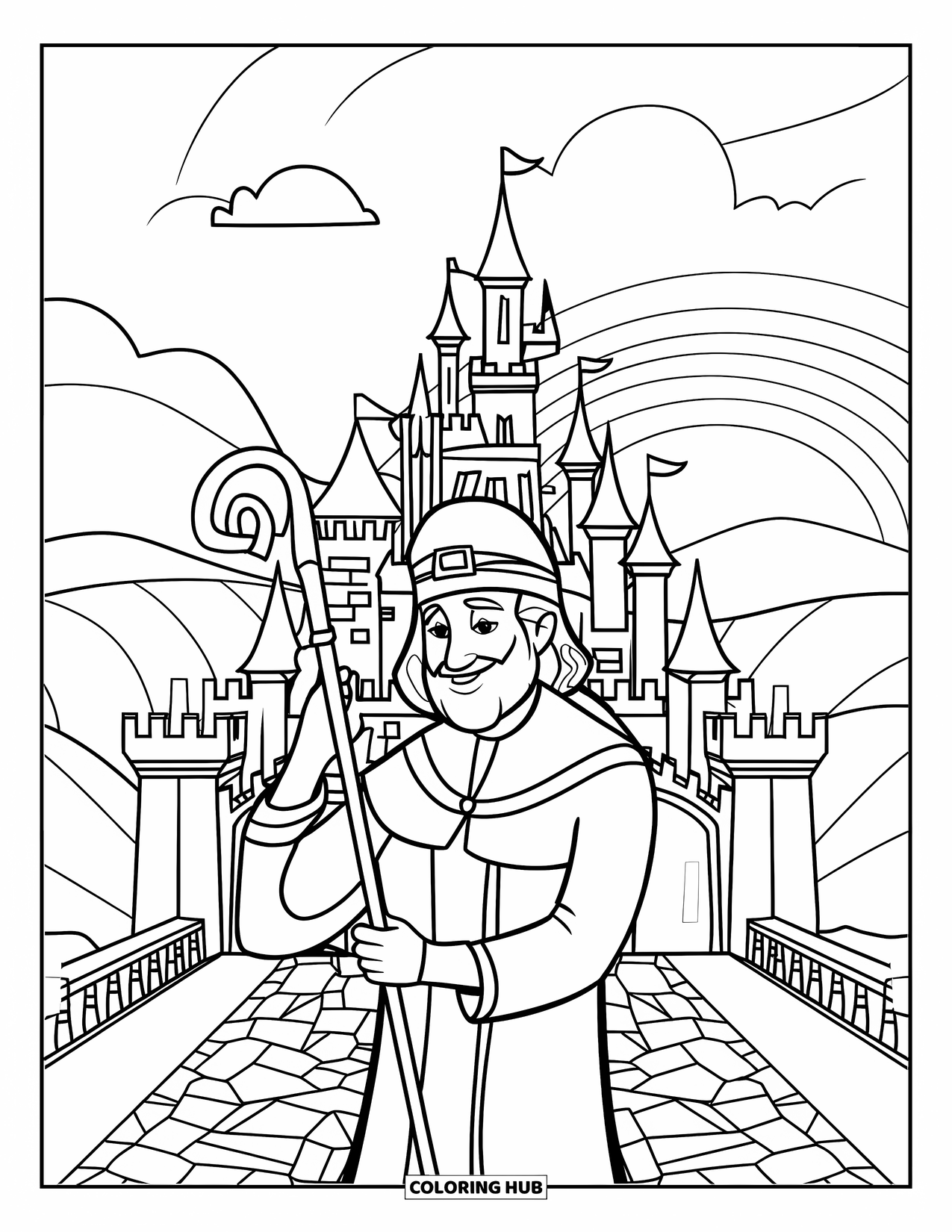 St. Patrick_S Day Coloring Page for Kids: St. Patrick at a castle under a sky filled with clouds and rainbows
