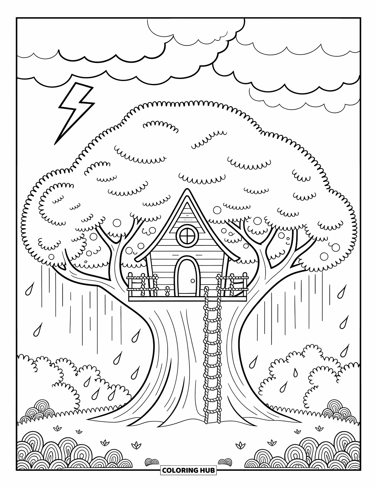 Storm Coloring Page for Adults: A big tree shelters a treehouse as clouds swirl and lightning glows above