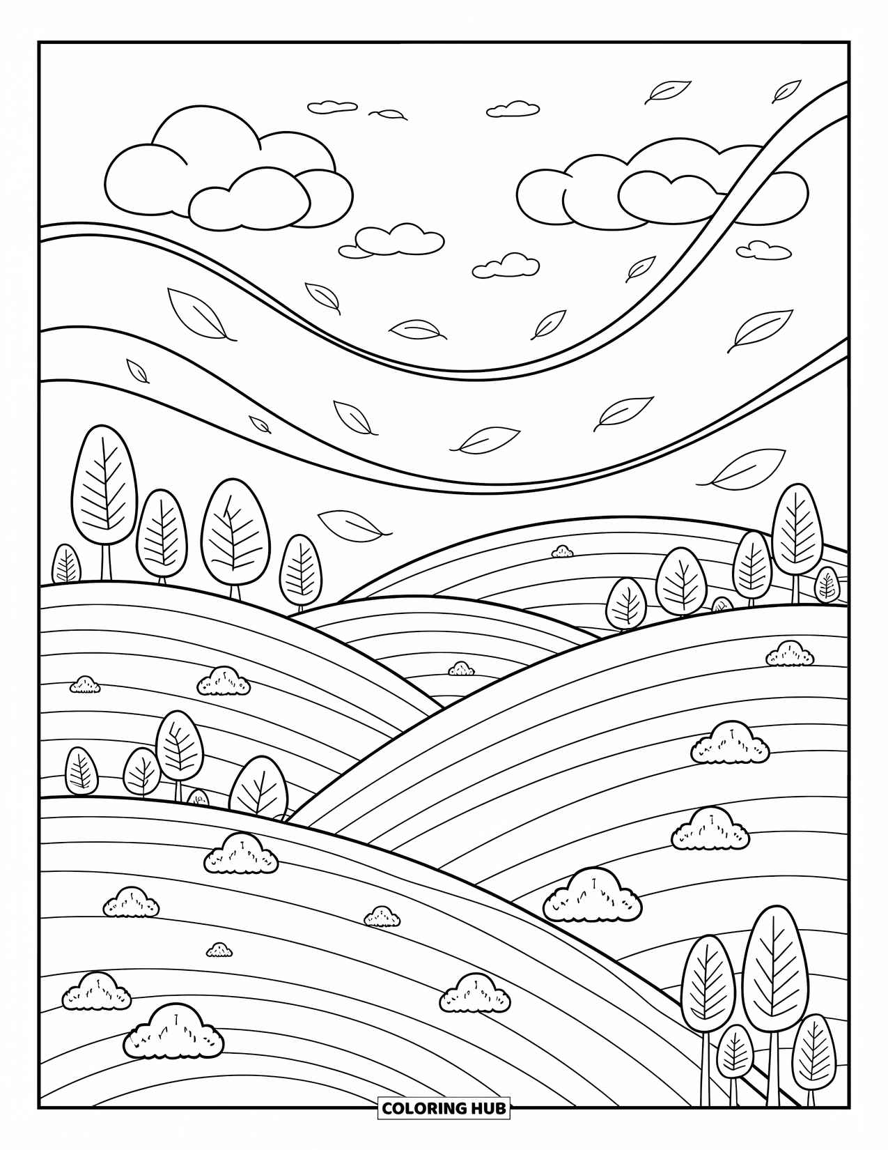 Storm Coloring Page for Adults: A breezy hillside blooms with flowers and bushes as leaves swirl in the air