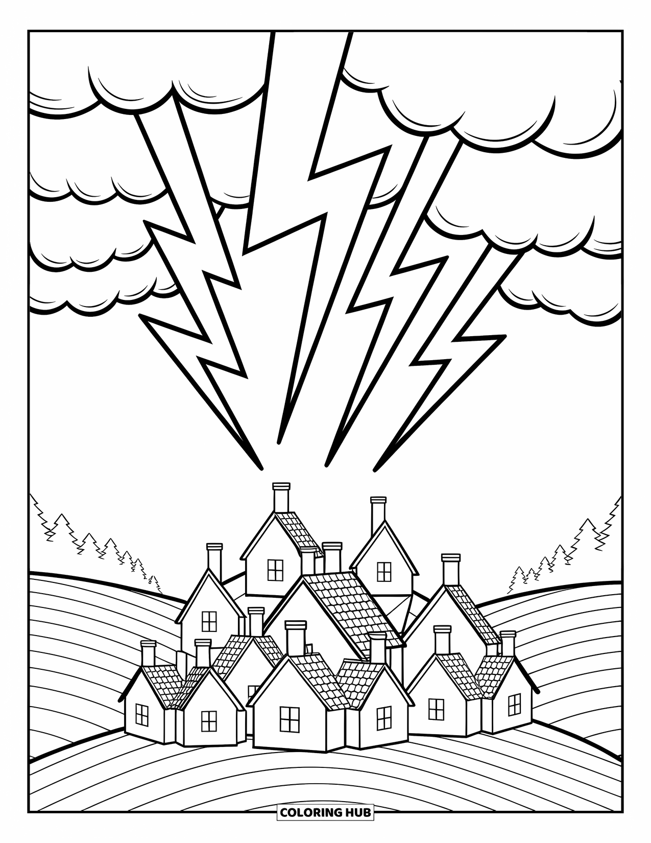 Storm Coloring Page for Adults: A peaceful village rests below cozy clouds as lightning zigzags quietly above