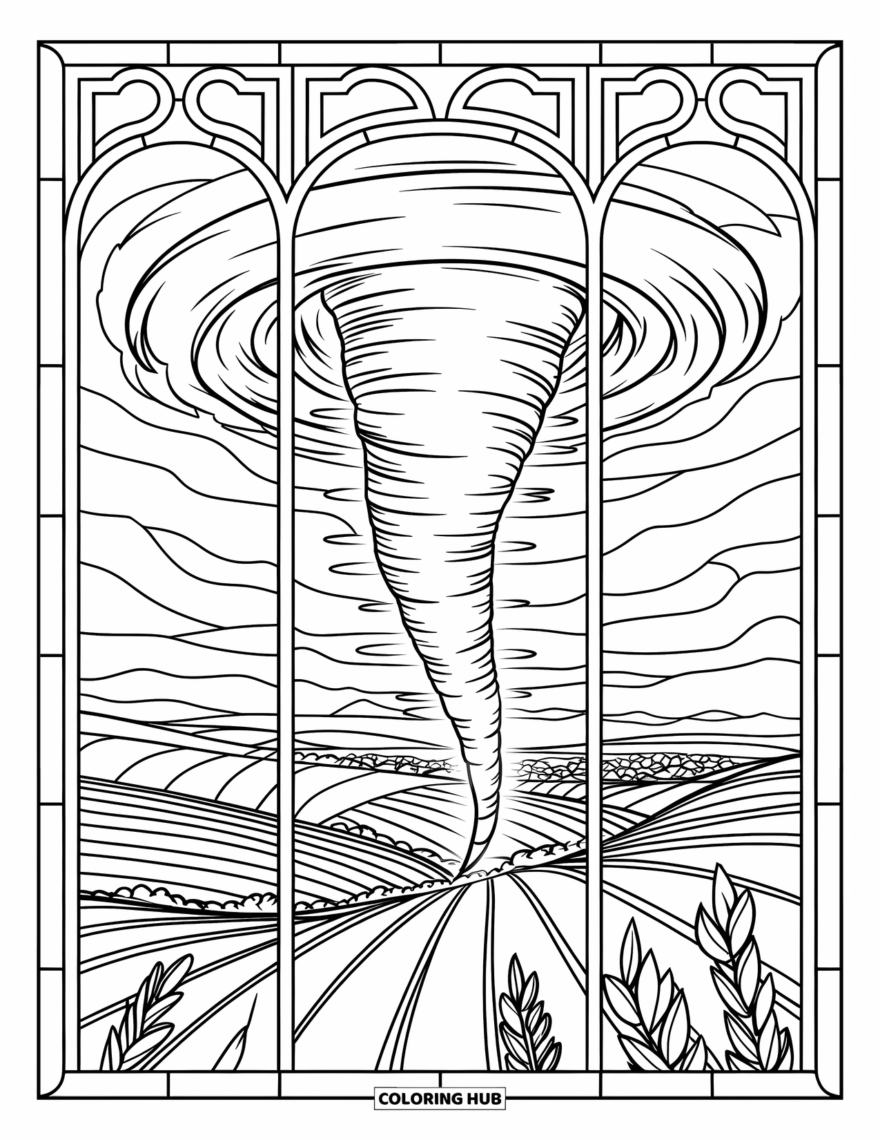 Storm Coloring Page for Adults: A swirling tornado twists above farmland in stained glass panels