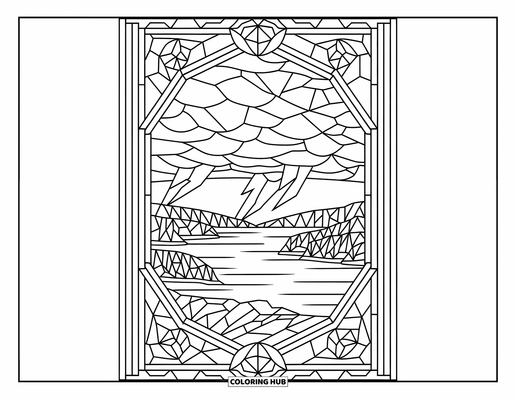 Storm Coloring Page for Adults: A thunderstorm rolls over a lake framed by bold geometric shapes