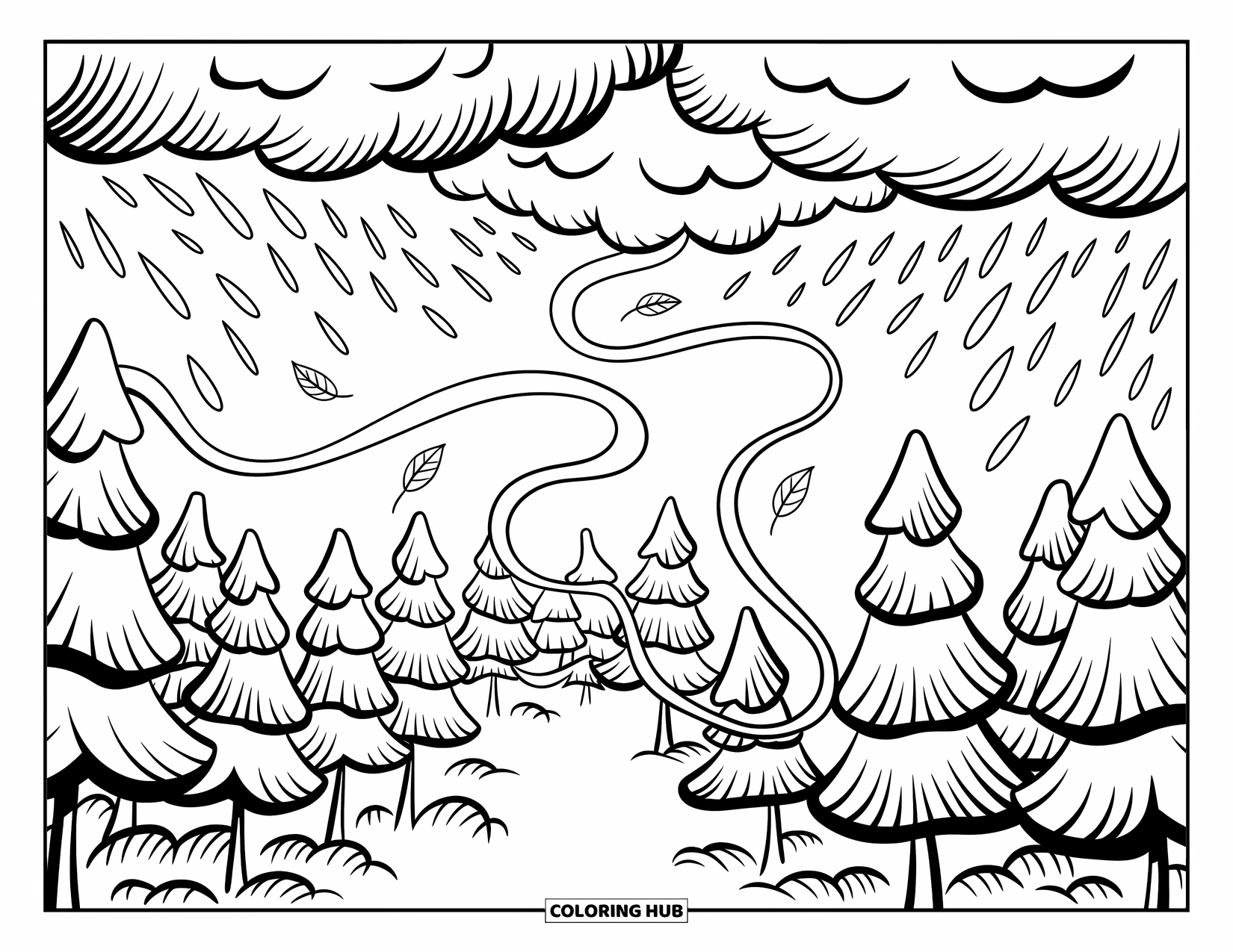 Storm Coloring Page for Adults: Clouds gather above a peaceful forest as soft rain falls and leaves drift slowly