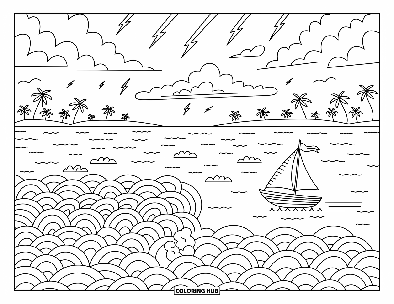 Storm Coloring Page for Adults: Clouds gather as wind dances over the sea and a sailboat gently drifts
