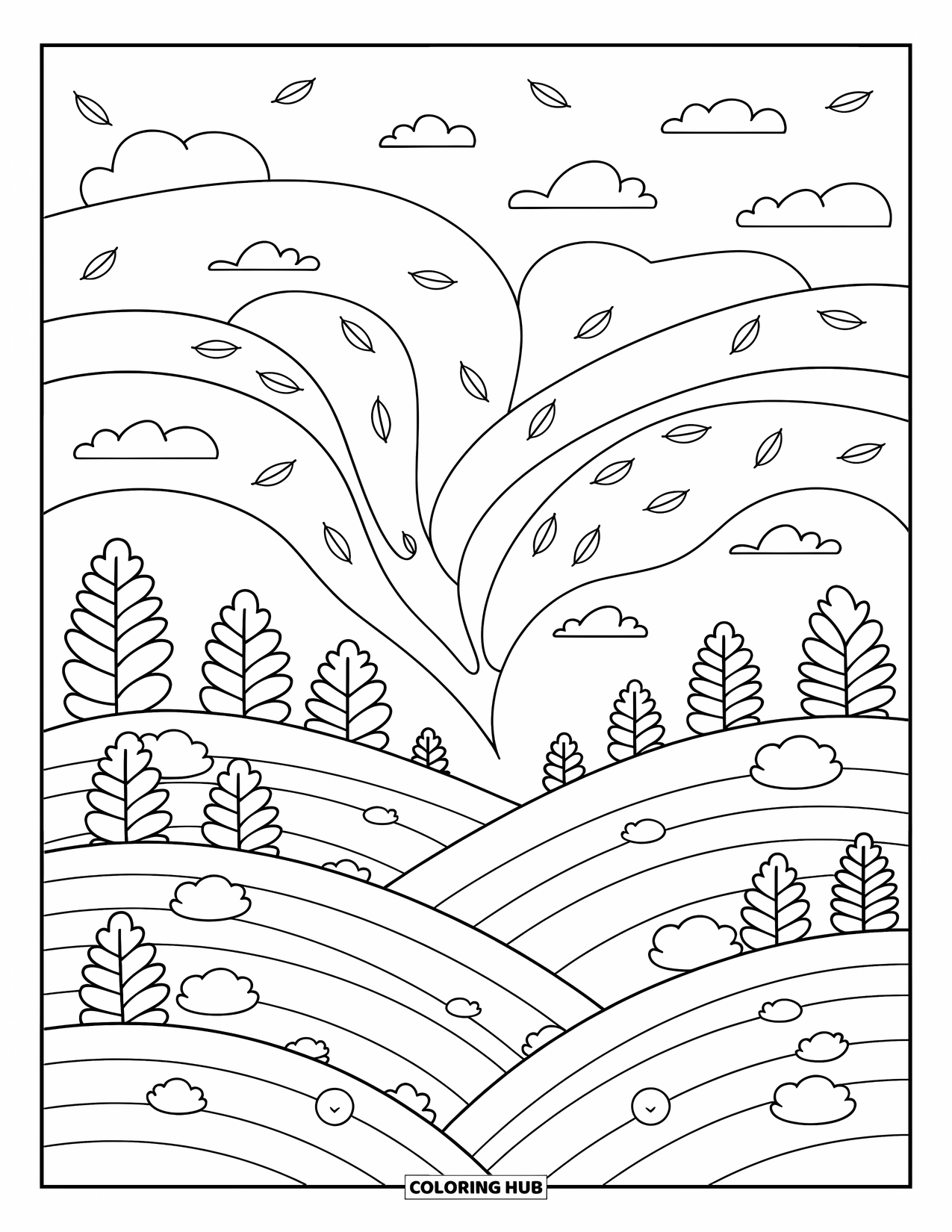 Storm Coloring Page for Adults: Leaves dance in loops over soft hills and bushes under swirling wind lines