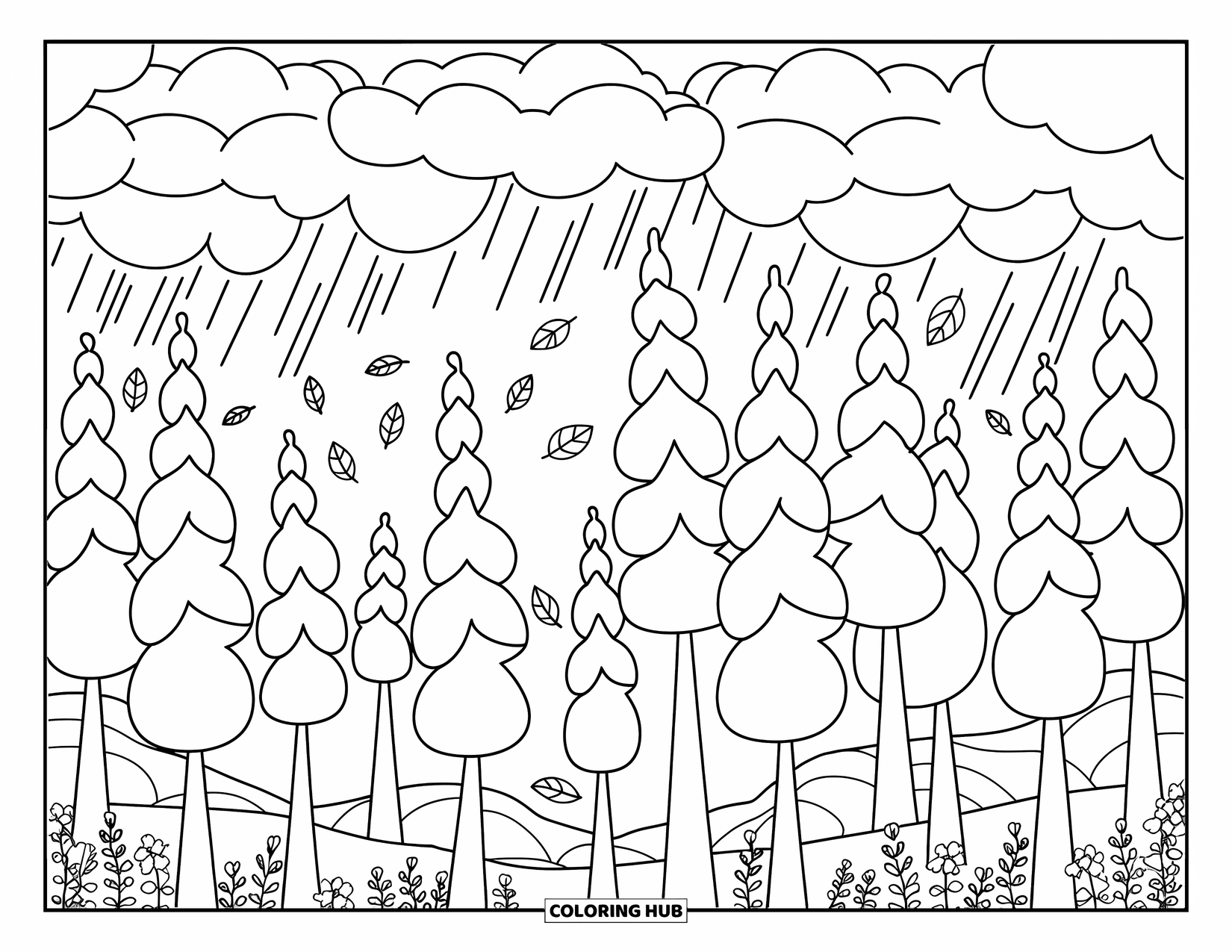 Storm Coloring Page for Adults: Misty ribbons curl between pine trees as leaves swirl gently through the forest air