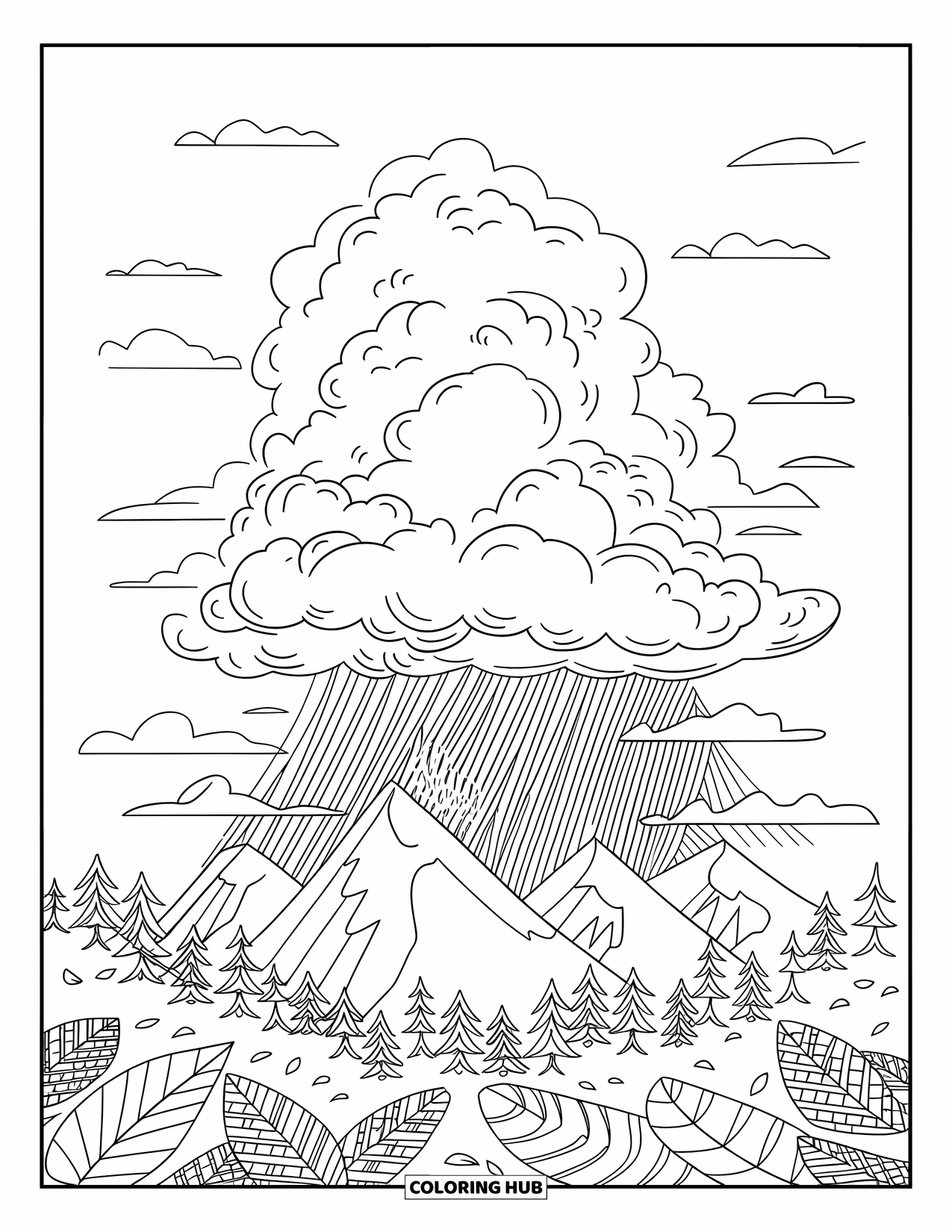 Storm Coloring Page for Adults: Storm clouds gather above vine-covered forested mountains