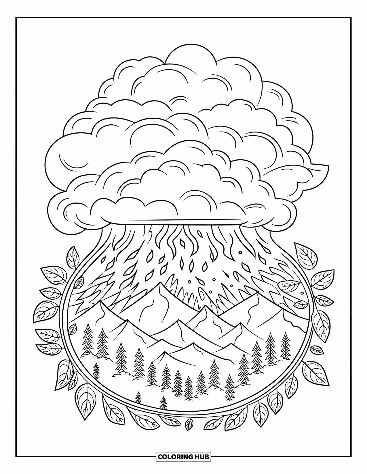 Storm Coloring Page for Adults: Storm clouds roll in over forested peaks and twisting vines