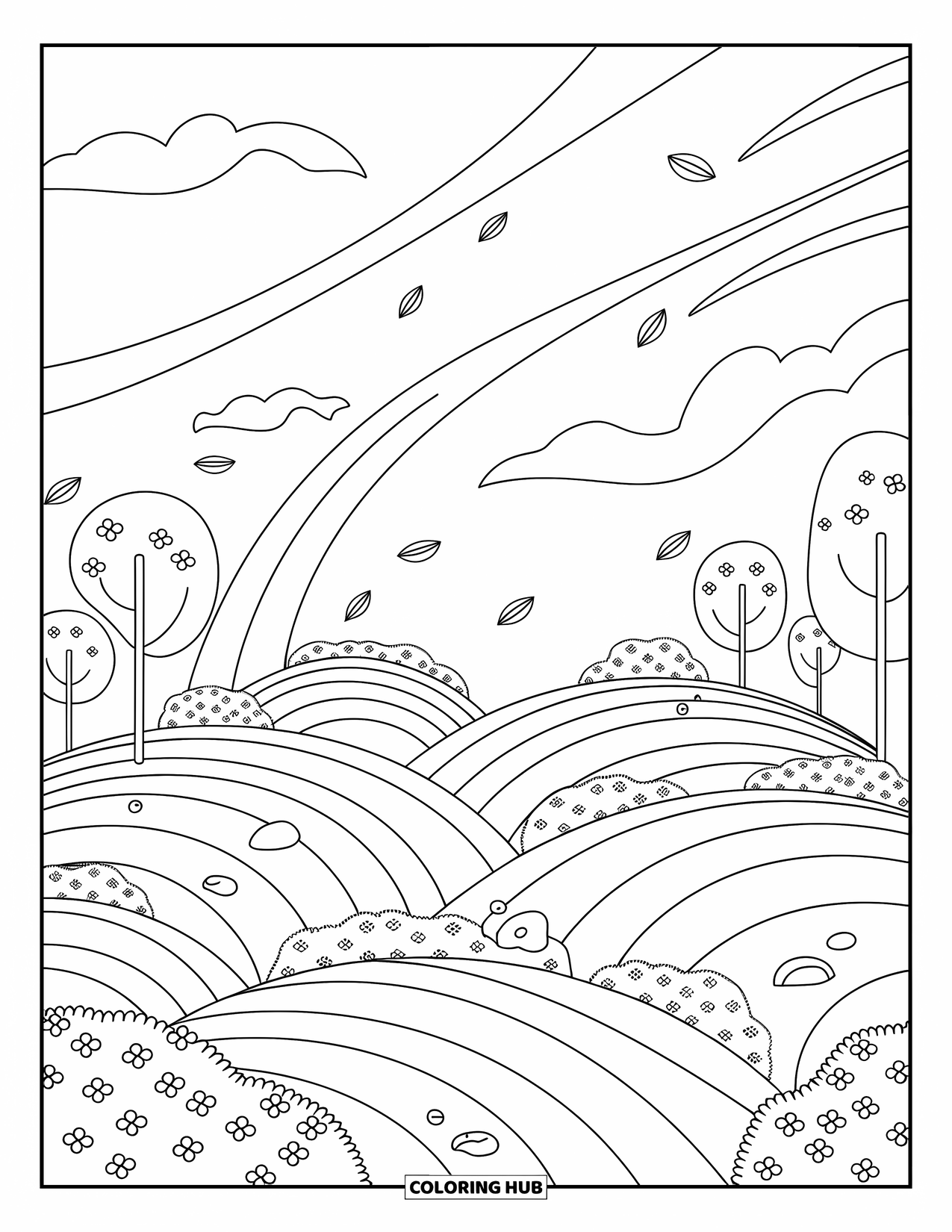 Storm Coloring Page for Adults: Wind swirls over rolling hills dotted with flowers, leaves, and gently bending trees