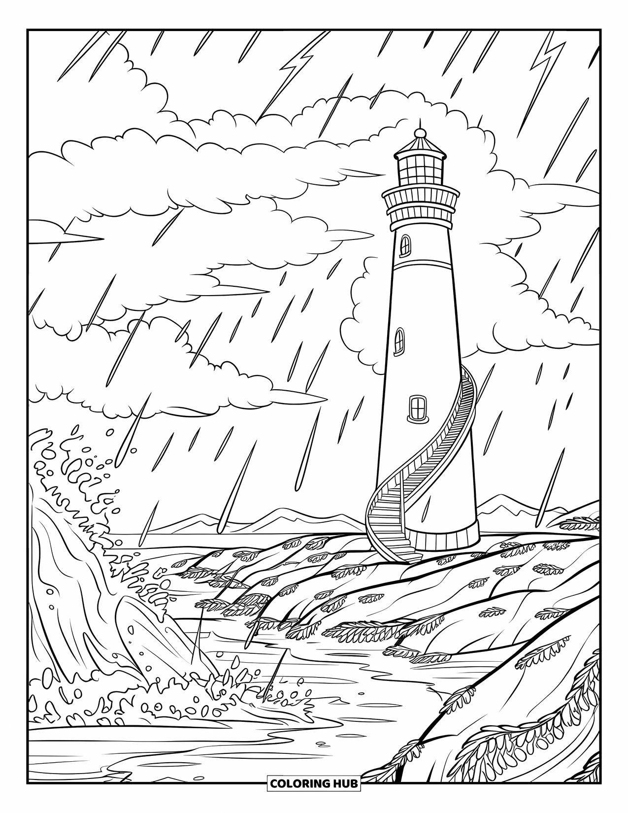 Storm Coloring Page for Kids: A coastal storm hits a lighthouse with rain and crashing waves