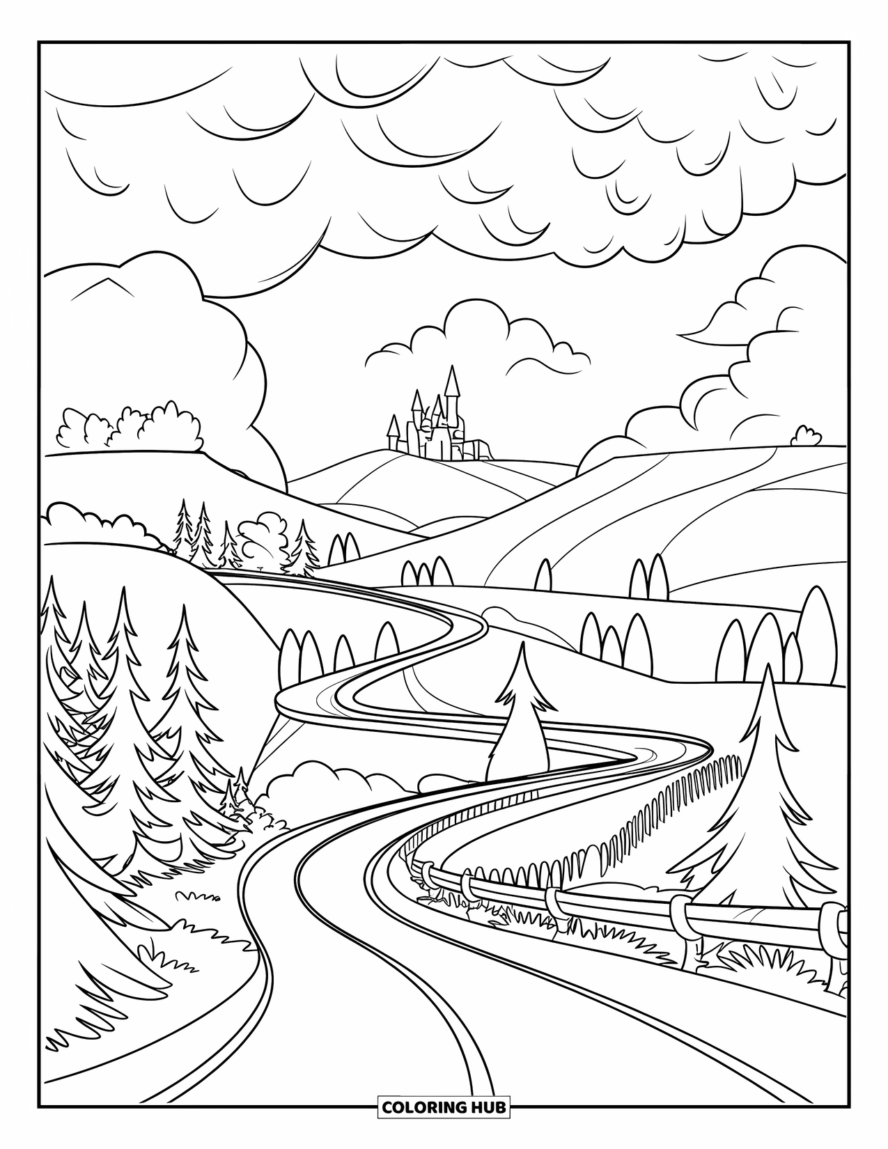 Storm Coloring Page for Kids: A curving road winds through hills under stormy skies
