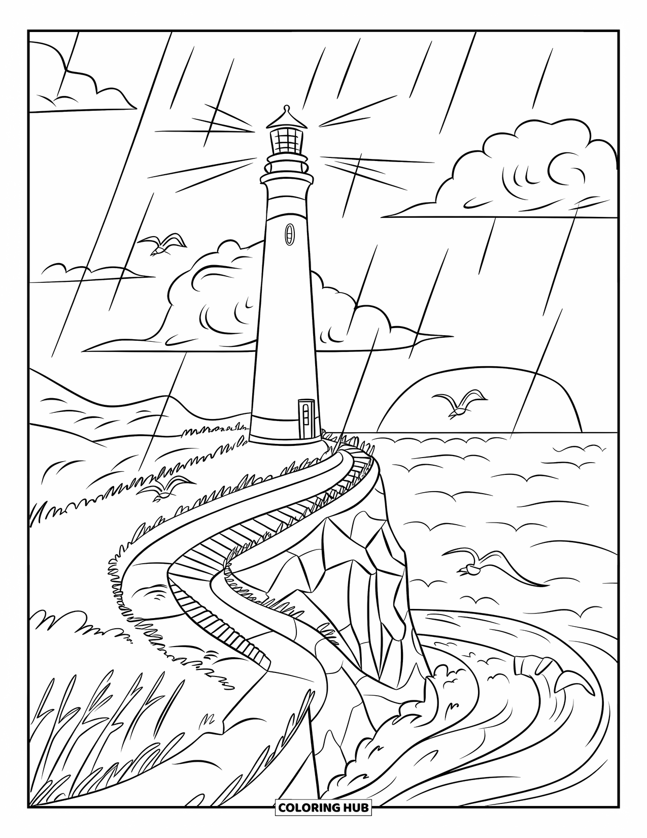 Storm Coloring Page for Kids: A lighthouse stands tall on a cliff during a windy storm