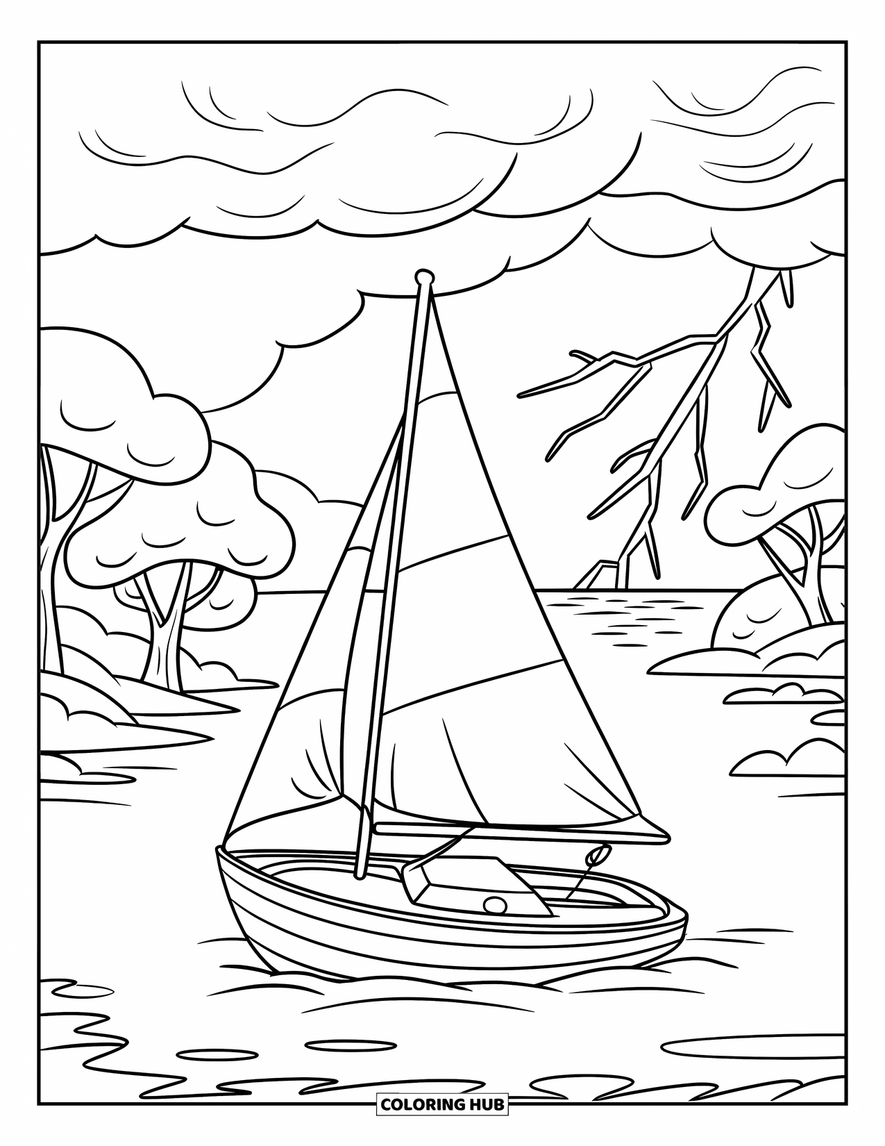Storm Coloring Page for Kids: A lone sailboat floats quietly with a storm moving in