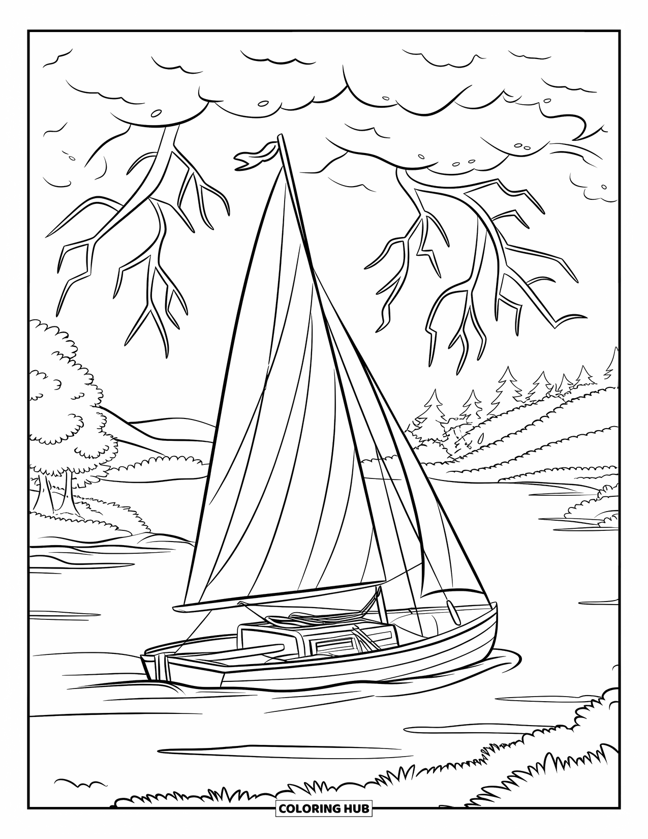 Storm Coloring Page for Kids: A small boat waits on the lake as a storm begins