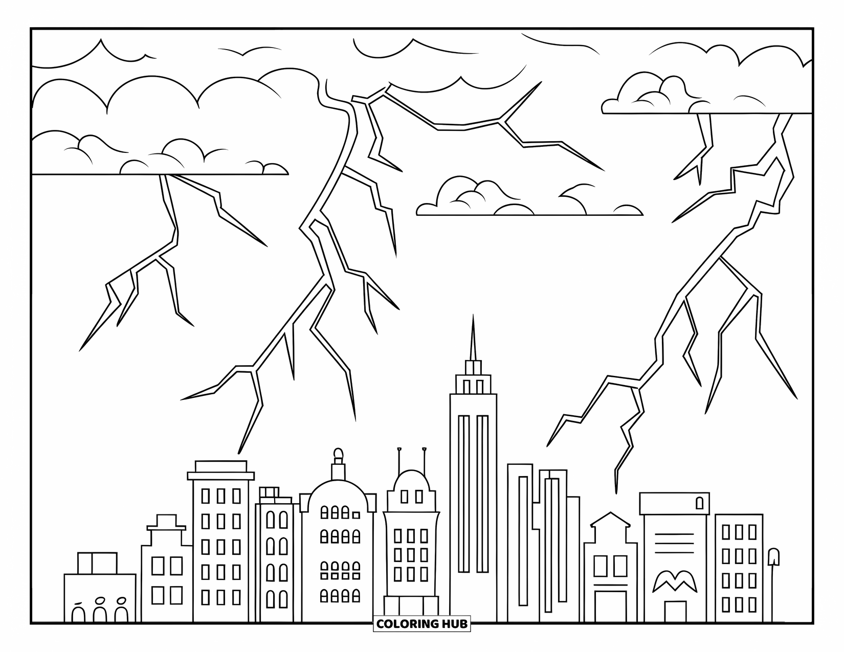 Storm Coloring Page for Kids: A storm crackles over a skyline filled with tall, arched buildings