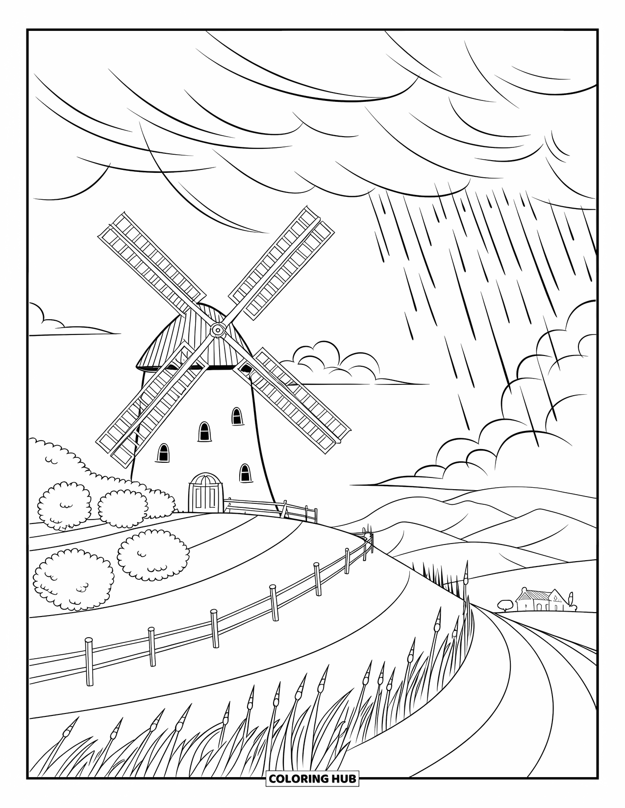 Storm Coloring Page for Kids: A tall windmill turns as soft rain falls on the hills