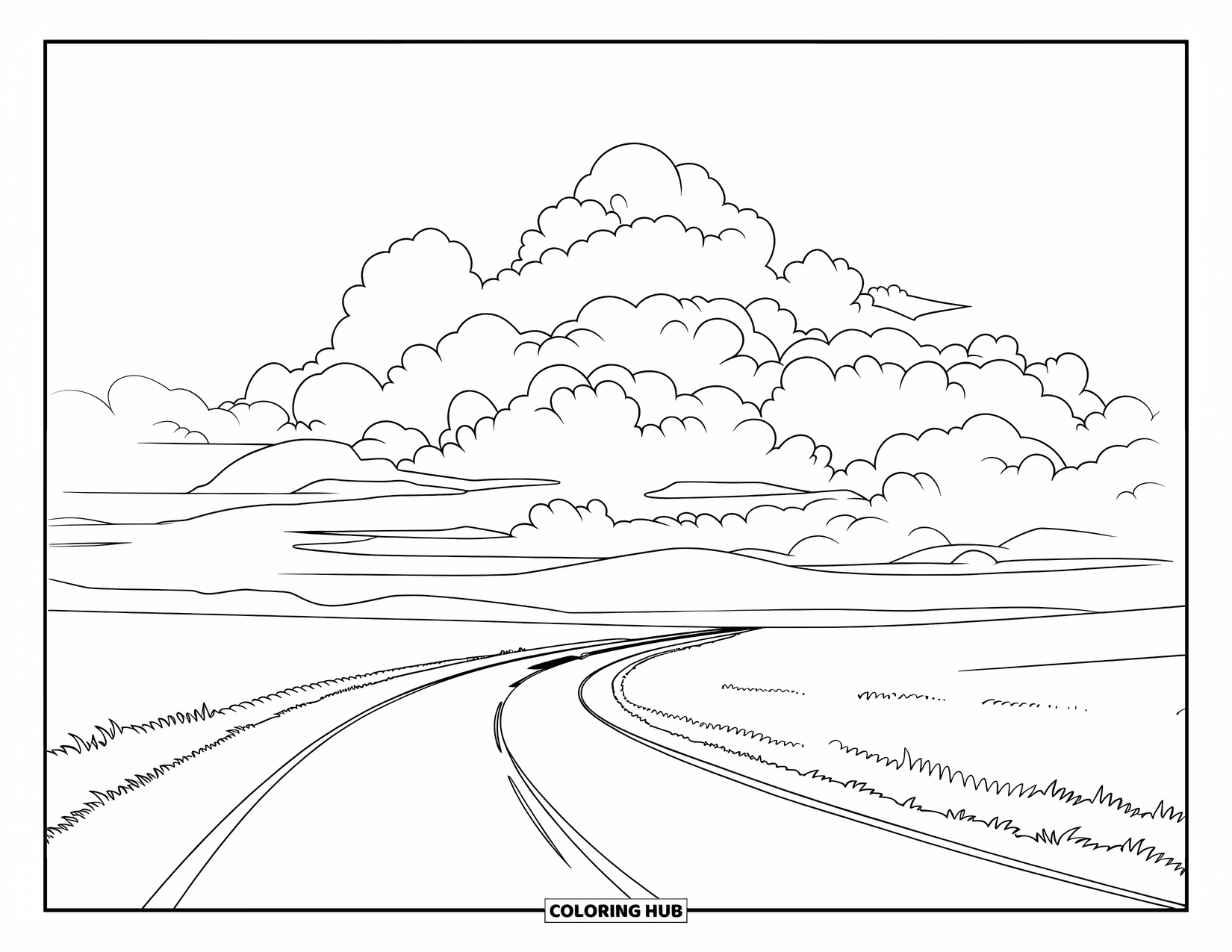 Storm Coloring Page for Kids: A winding highway runs through quiet fields under a looming storm