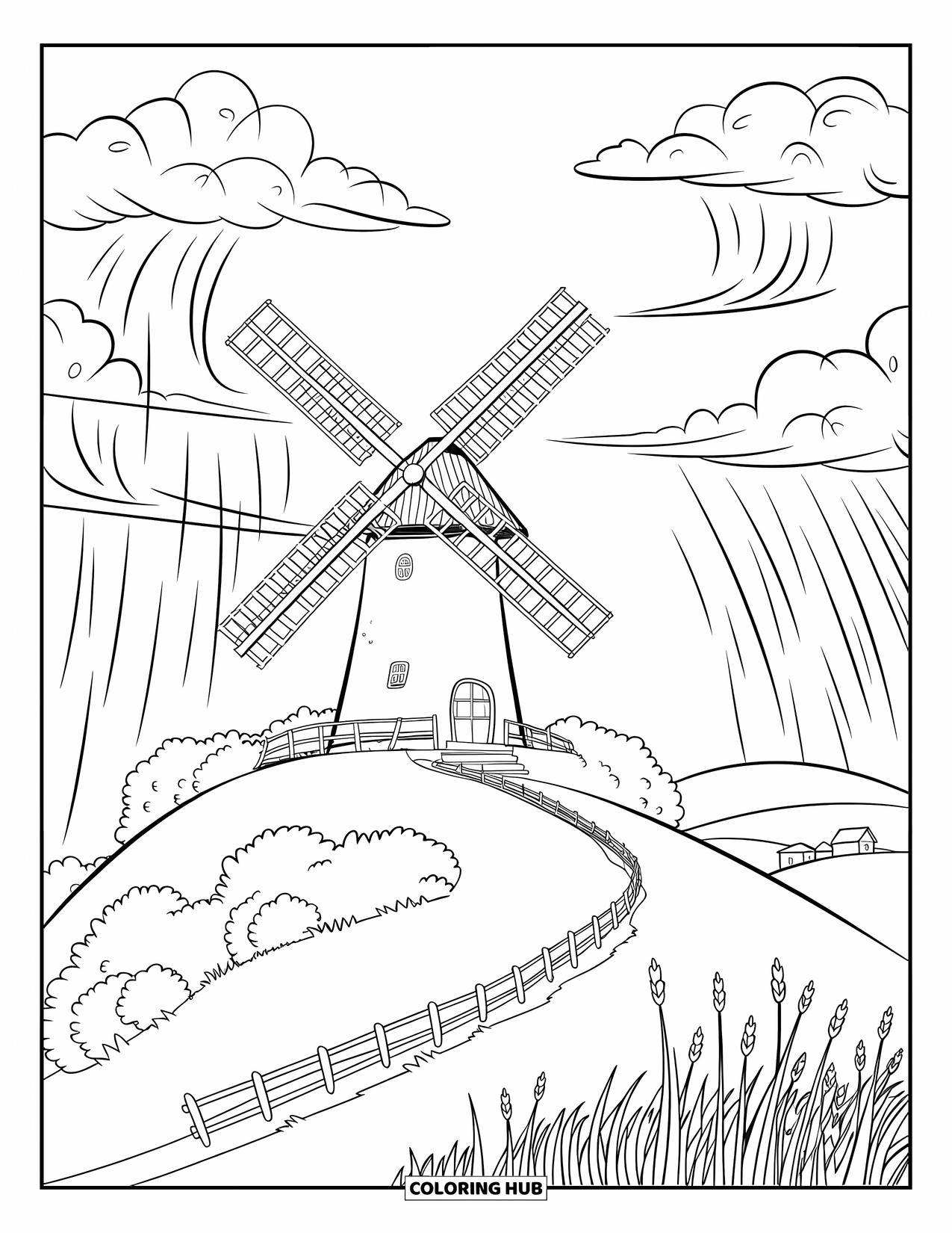 Storm Coloring Page for Kids: A windmill spins on a hilltop as a light storm rolls in