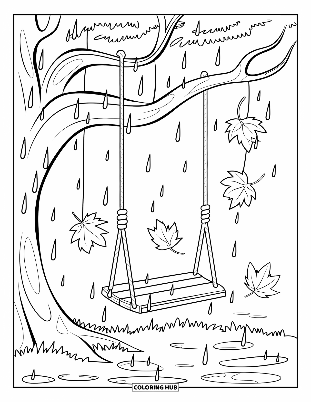 Storm Coloring Page for Kids: A wooden swing hangs from a big tree in a rainy field