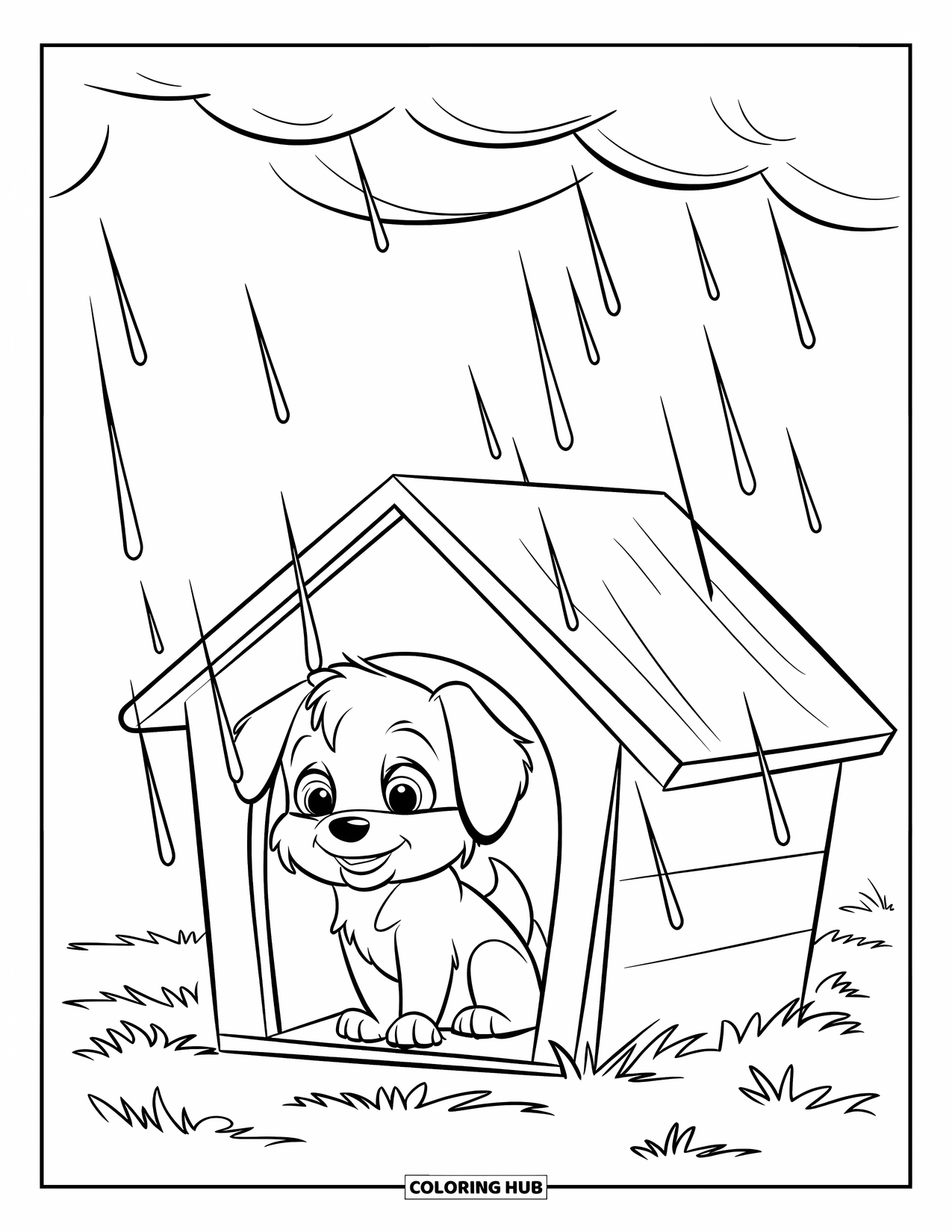 Storm Coloring Page for Kids: Big raindrops fall as a puppy curls up in its doghouse