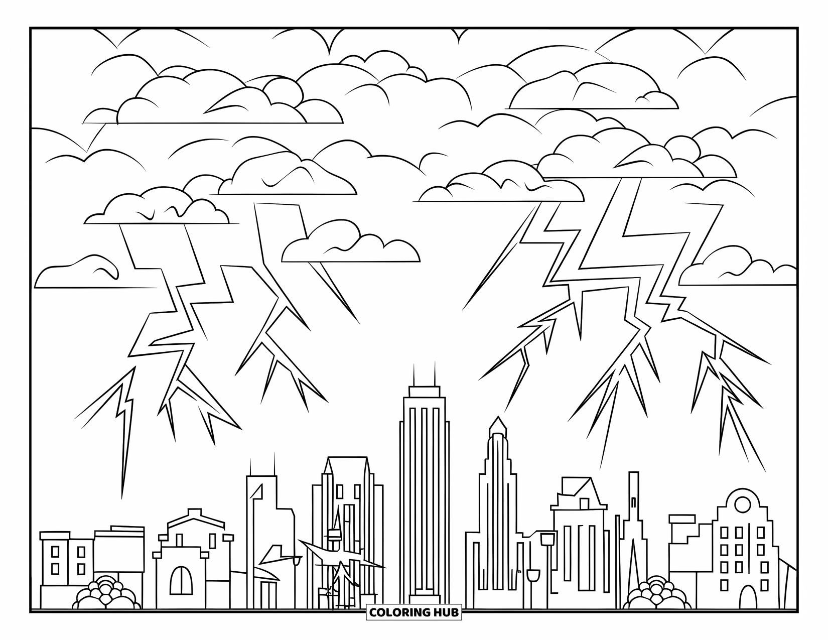 Storm Coloring Page for Kids: Lightning bolts strike tall buildings in a dark city skyline