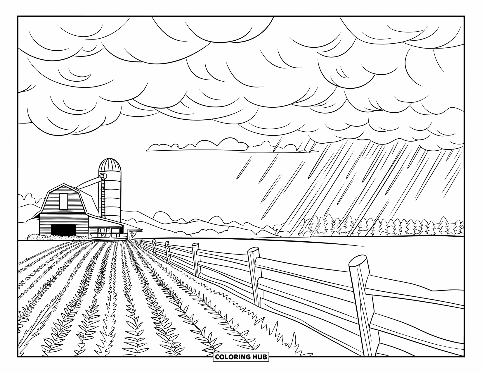 Storm Coloring Page for Kids: Rain and wind stir across a field with a barn and tall silo