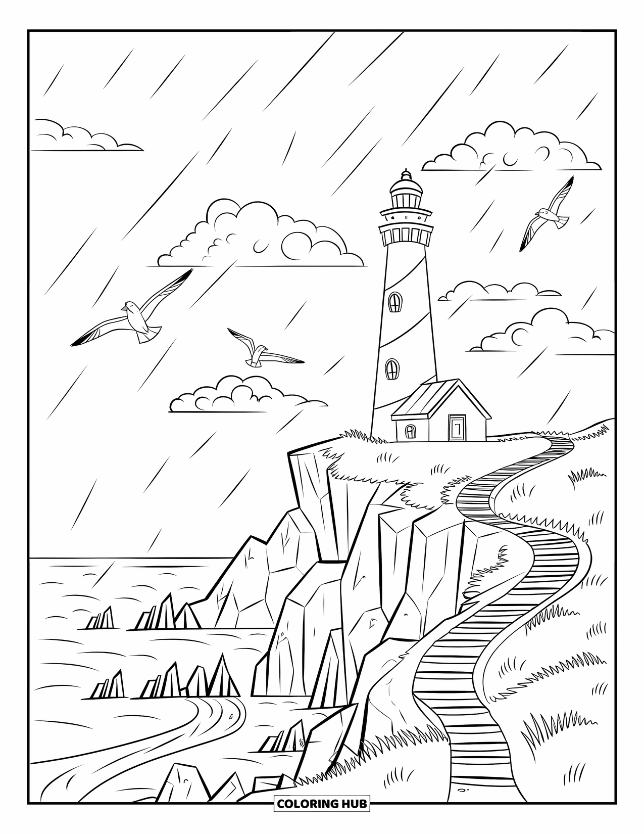 Storm Coloring Page for Kids: Seagulls soar near a lighthouse as rain falls and waves splash