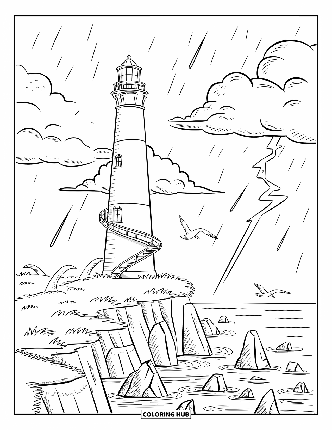 Storm Coloring Page for Kids: Storm clouds and lightning surround a lighthouse on the rocky shore