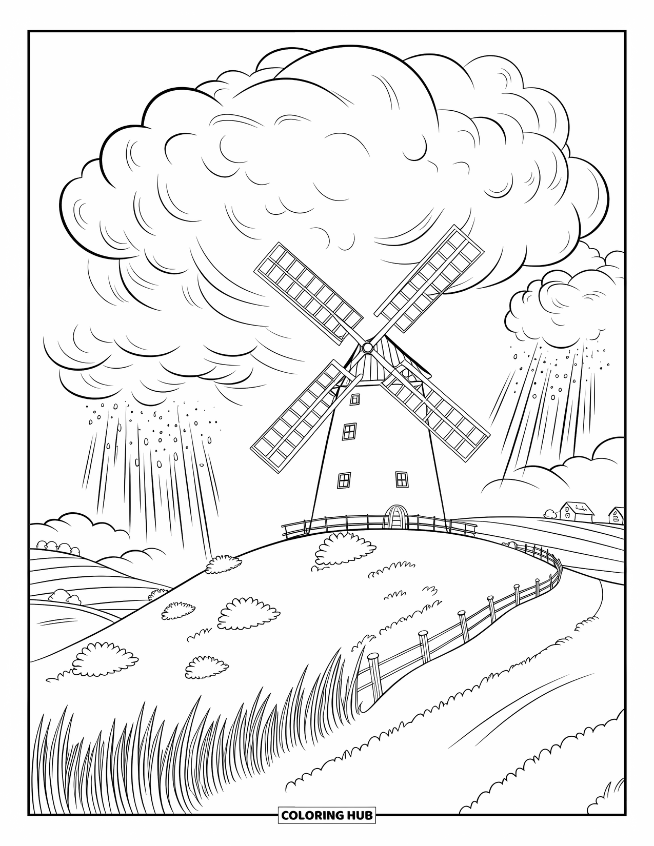 Storm Coloring Page for Kids: The wind spins a hilltop windmill as clouds roll overhead
