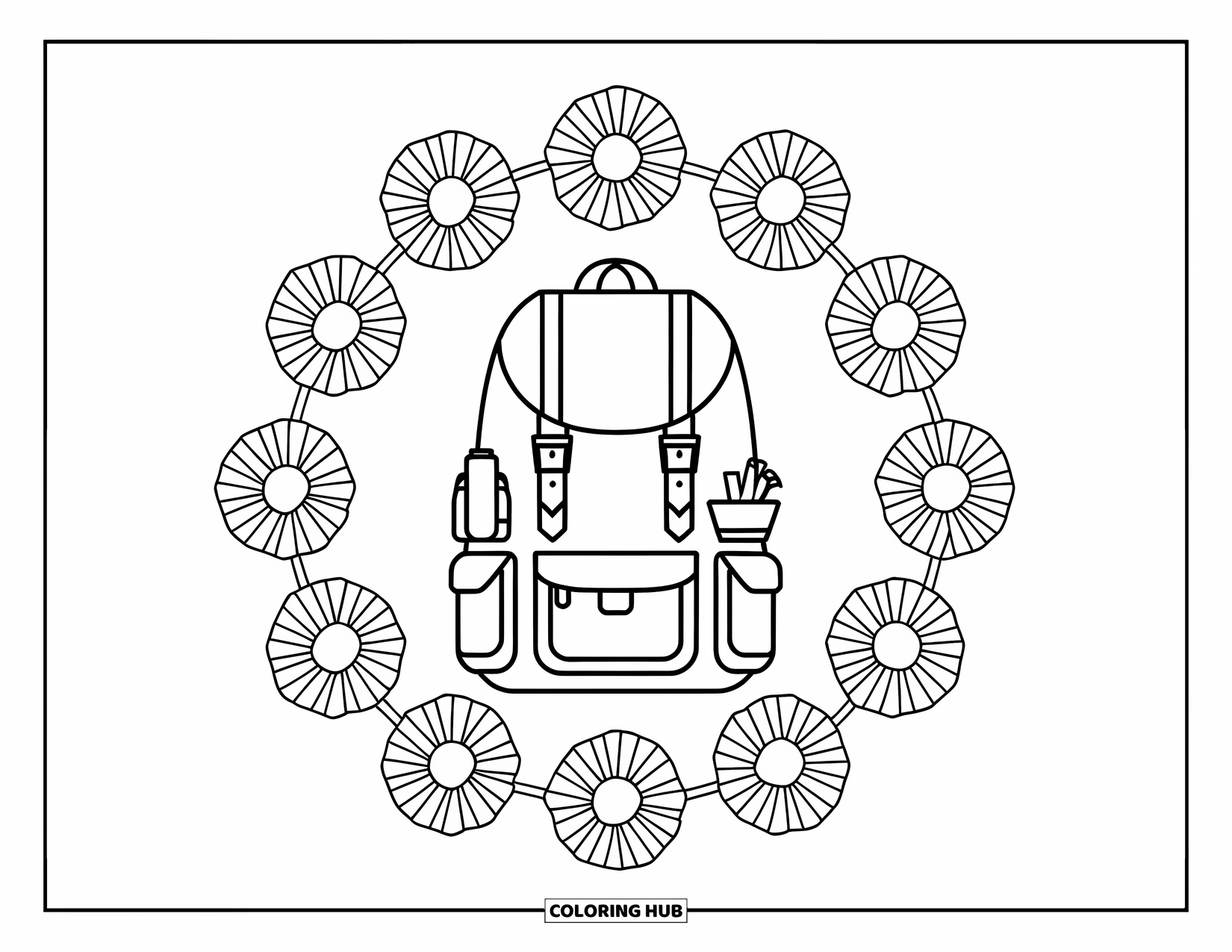 Summer Camp Coloring Page for Adults: A backpack with camping gear encircled by bold floral outlines