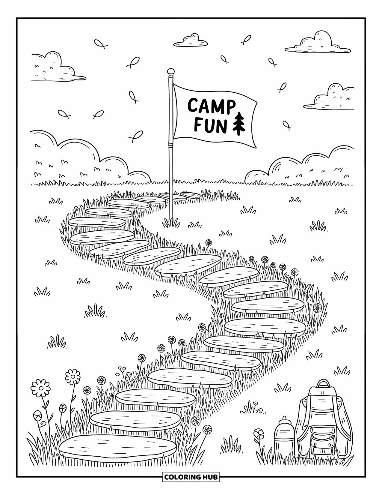 Summer Camp Coloring Page for Adults: A bright ìCamp Funî flag surrounded by flowers, bags, and stepping stones