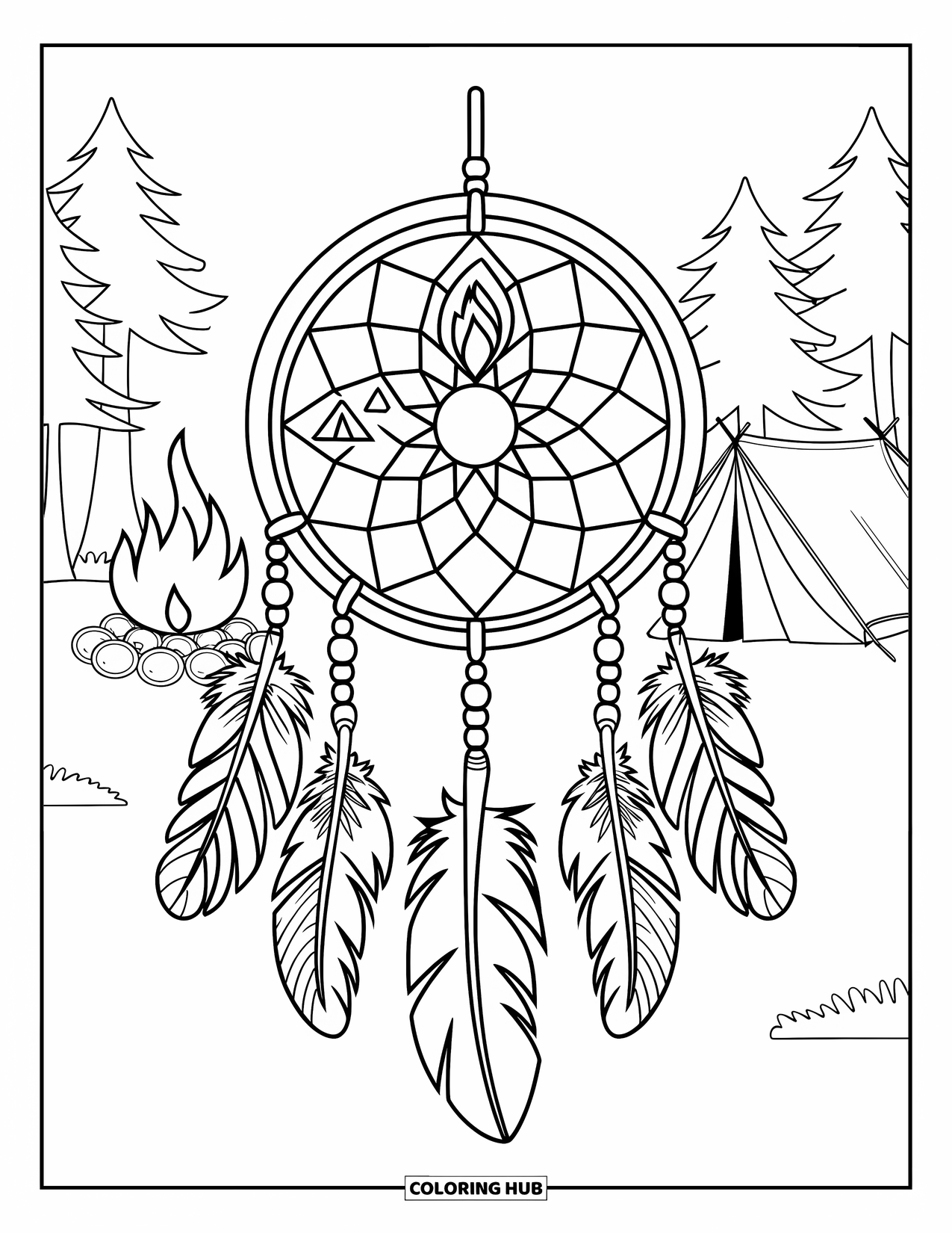 Summer Camp Coloring Page for Adults: A camp dreamcatcher with fire, feathers, and tent symbols near trees