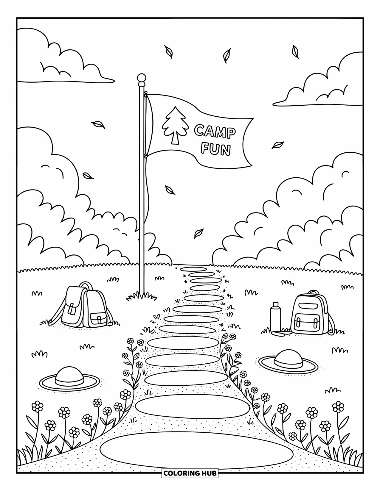 Summer Camp Coloring Page for Adults: A ìCamp Funî flag with backpacks, sunhats, and flowers in the grass